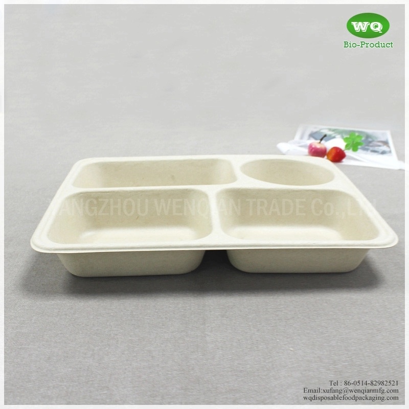 Disposable 4-Compartments Unbleached Bagasse Tray With Lid-Biodegradable Containers / Bento Box / Meal Prep Containers