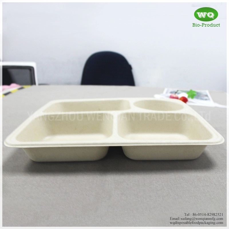 Disposable 4-Compartments Unbleached Bagasse Tray With Lid-Biodegradable Containers / Bento Box / Meal Prep Containers
