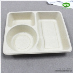 3-Compartments Unbleached Biodegradable Sugarcane Pulp Tray With Lid,Renewable Resources Biodegradable Food Containers