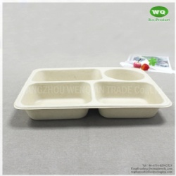 Disposable 4-Compartments Unbleached Bagasse Tray With Lid-Biodegradable Containers / Bento Box / Meal Prep Containers