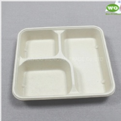 Biodegradable Sugarcane Pulp 3-Coms Square Disposable Lunch Tray With Lid-100% Compostable Disposable Catering Trays