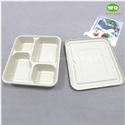 Disposable 4-Coms Square Lunch Tray With Lid-Factory Offered Sugarcane Tableware-Leak Proof Takeaway Container With Lid