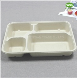 Microwave And Freezer Safe 4-Coms Biodegradable Rectangle Tray With Lid- Sugarcane Bagasse Fiber Disposable Tableware